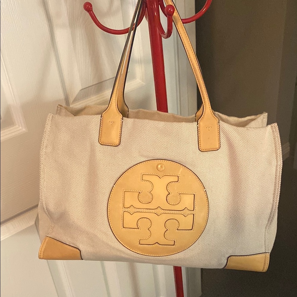 Tory Burch Ella Woven Fabric and Leather Trim Tote
